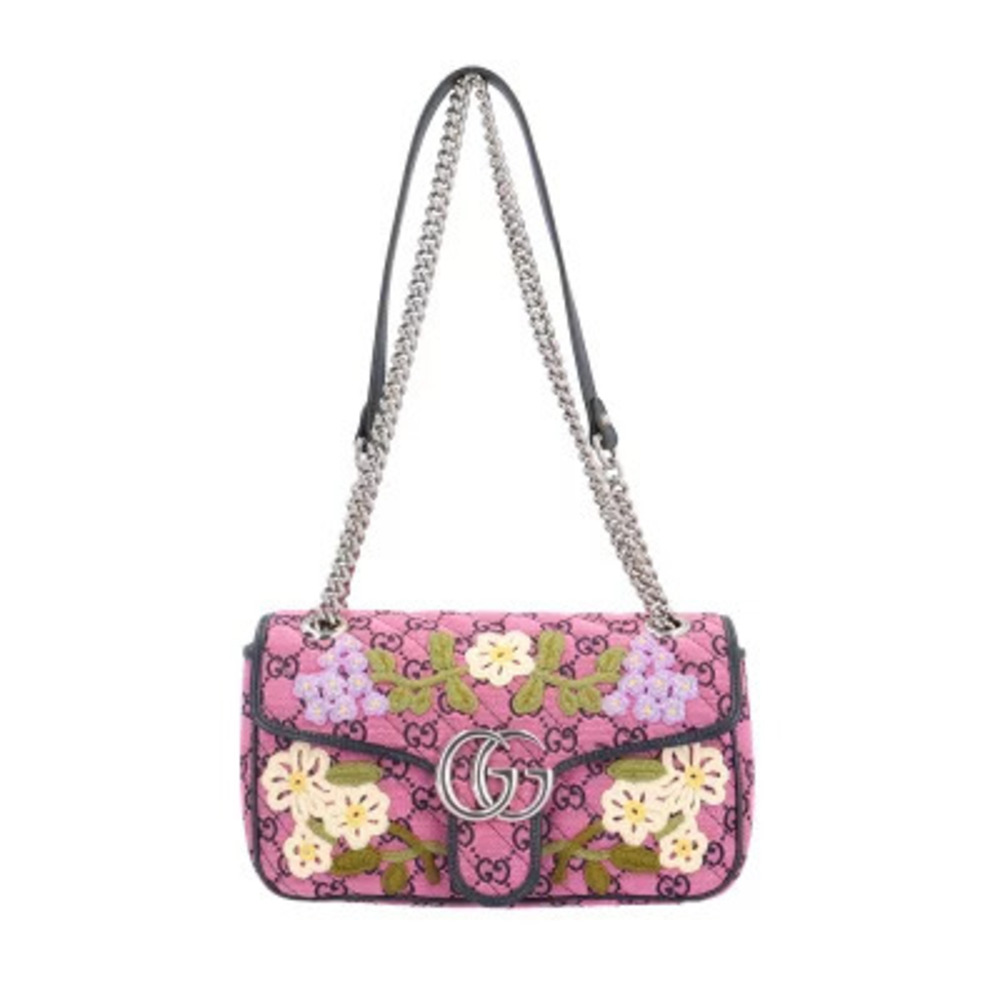 Gucci GG Multicolor Flower Embroidered Shoulder Bag Canvas Pink